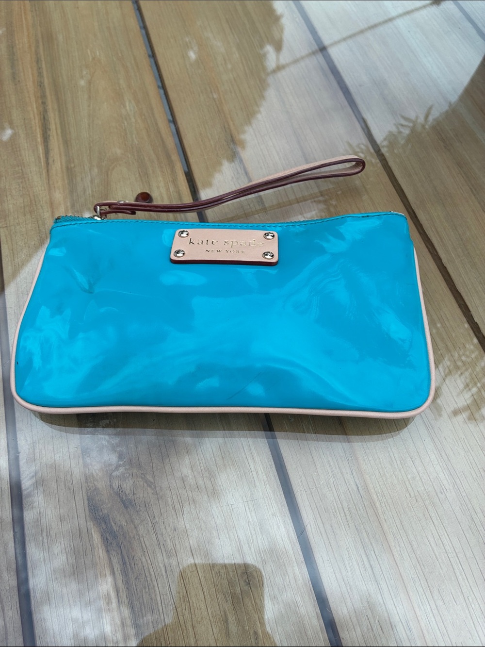 kate spade Bright Turquoise Patent Wristlet with Gold Plaque